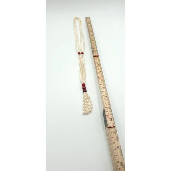 Vintage Pearl & Garnet Tassel Lariat Necklace With Elegant Multi Strand Design - Picture 4 of 5